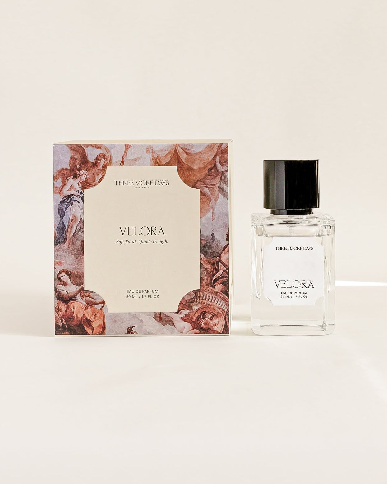Velora perfume bottle and packaging on a light beige background