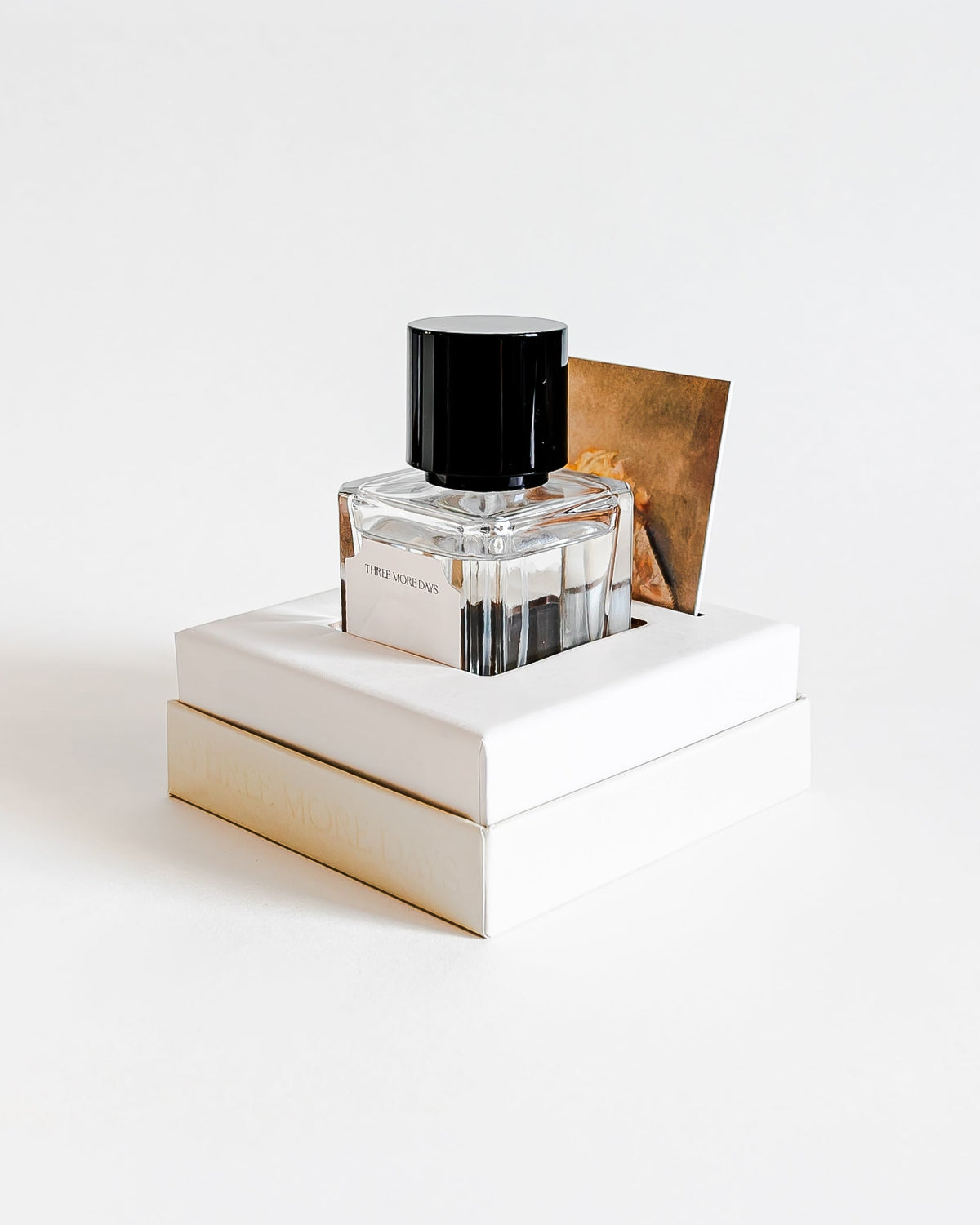 A clear glass perfume bottle with a black cap, displayed on top of a white rectangular box with a gold-toned card behind it, set against a seamless white background.