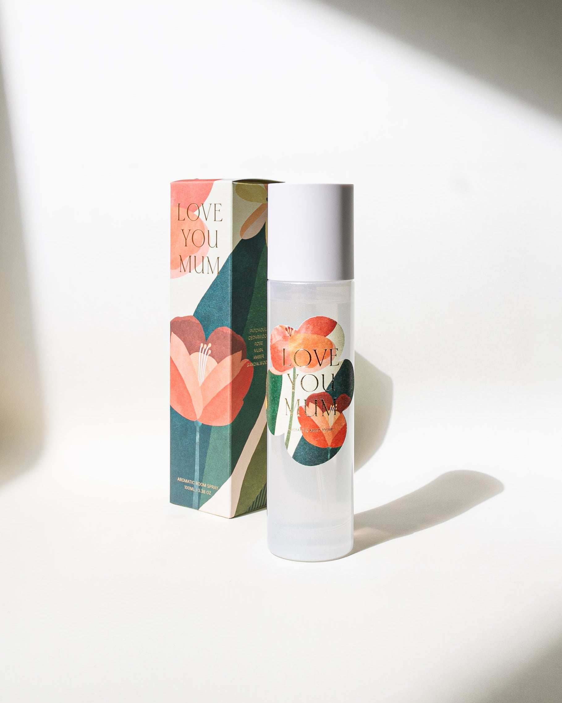 Product packaging with floral design on a white background