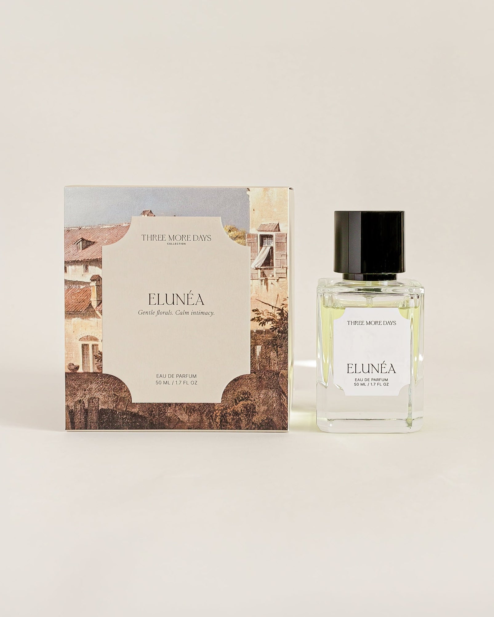 Elunea perfume bottle and packaging on a light beige background