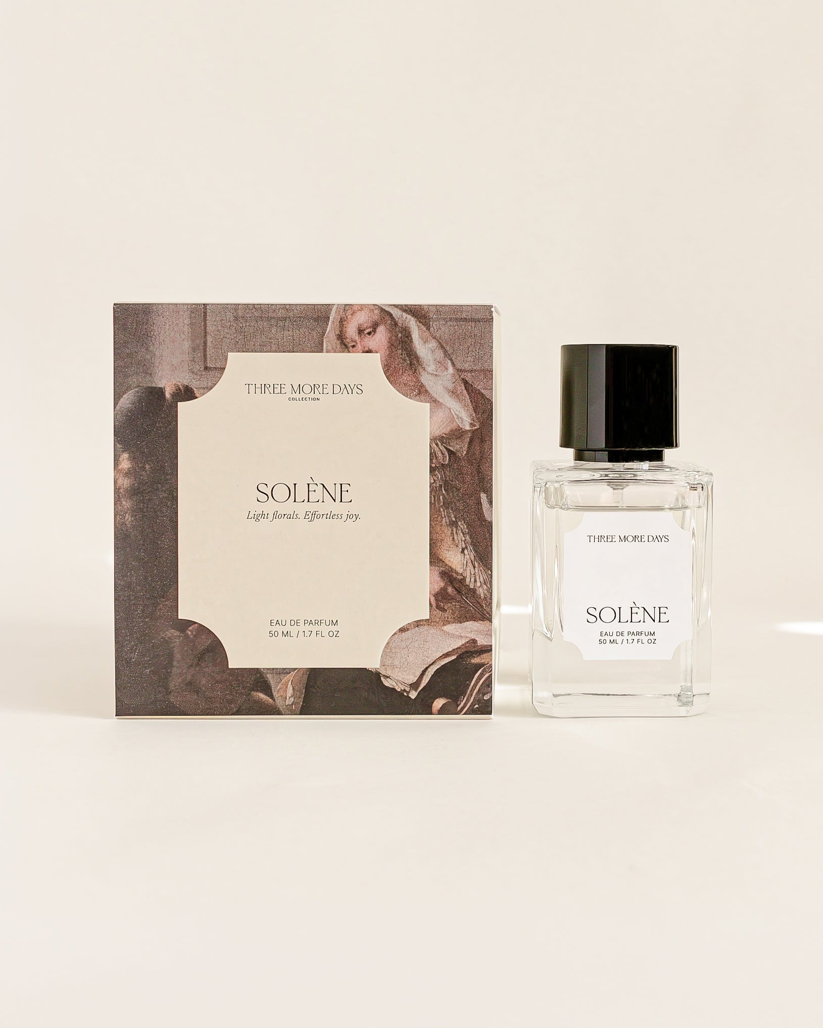 Perfume bottle and packaging of 'Soleine' on a white surface