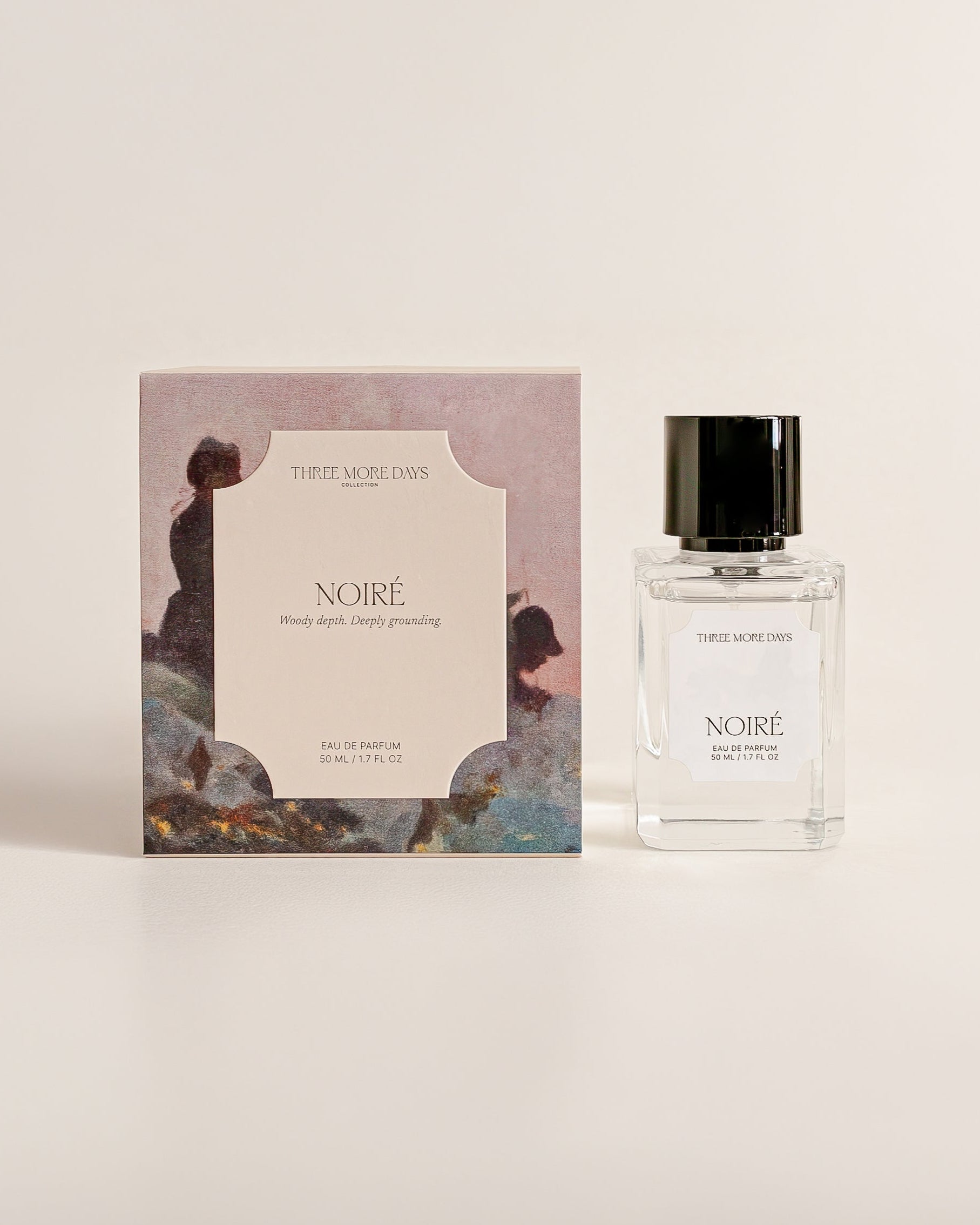 Perfume bottle and packaging with 'Nore' branding on a light background