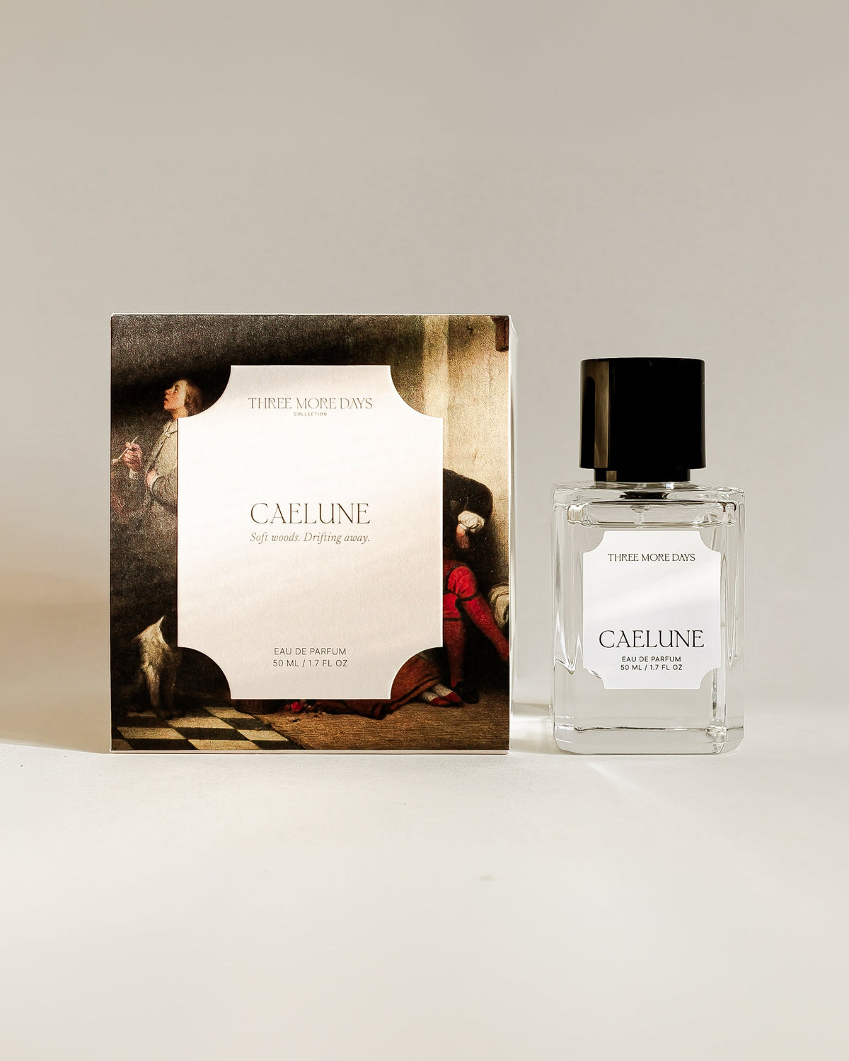 A clear glass perfume bottle with a black cap stands next to its illustrated box. The box features a cream center panel with the word 'CAELLINE' and a classical painting-style background with figures and warm brown tones.