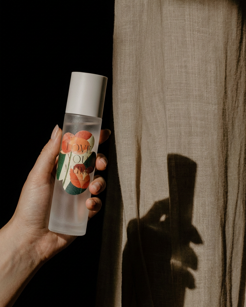 Hand holding a clear bottle with a floral label against a dark background